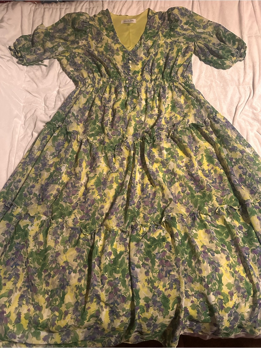 Taylor Yellow and Green Floral V-Neck Tiered Maxi Dress